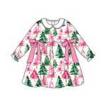 Preorder 08.30 GLD1246 Christmas Trees Green Pink Girl's Dress