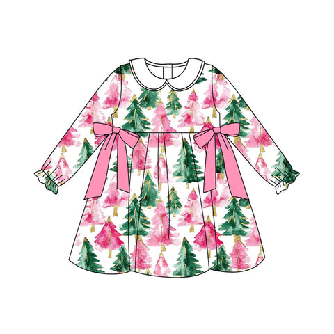 Preorder 08.30 GLD1246 Christmas Trees Green Pink Girl's Dress