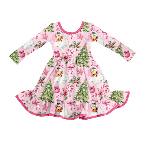 Preorder 09.04 GLD1252 Christmas Trees Santa Pink Girl's Dress