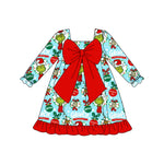 Preorder 09.15 GLD1269 Christmas Green Animal Big Bow Girl's Dress