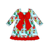 Preorder Samples GLD1269 Christmas Green Animal Big Bow Girl's Dress