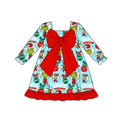 Preorder 09.15 GLD1269 Christmas Green Animal Big Bow Girl's Dress