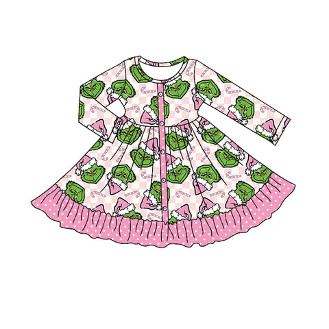 Preorder 09.18 GLD1273 Christmas Green Animal Pink Buttons Girl's Dress