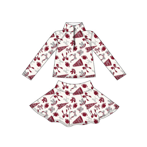 Preorder MOQ 5 Pcs GLD1284 Go Team Football Maroon Yoga Zipper Pullover Girls Skorts Set