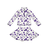 Preorder MOQ 5 Pcs GLD1287 Go Team Football Purple Yoga Zipper Pullover Girls Skorts Set