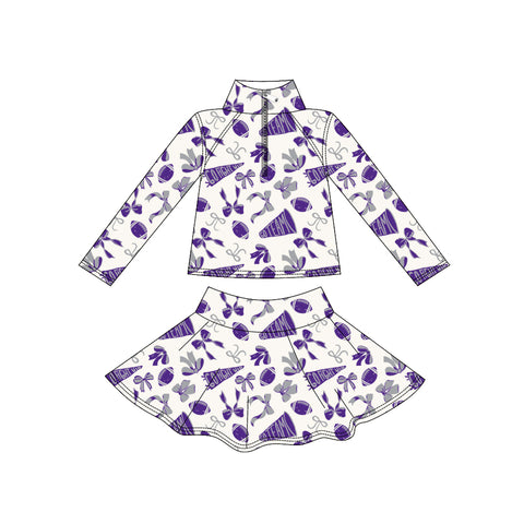 Preorder MOQ 5 Pcs GLD1287 Go Team Football Purple Yoga Zipper Pullover Girls Skorts Set