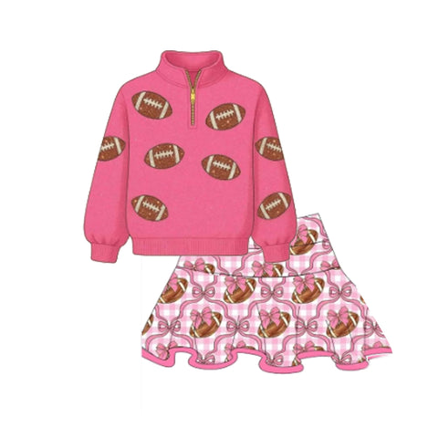 Preorder MOQ 5 Pcs GLD1288 Football Bows Pink Yoga Zipper Pullover Girls Skorts Set