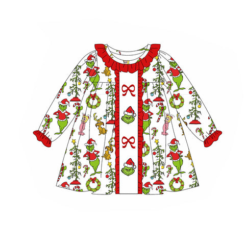 Preorder 09.24 GLD1289 Christmas Cartoon Green Animal Girl's Dress