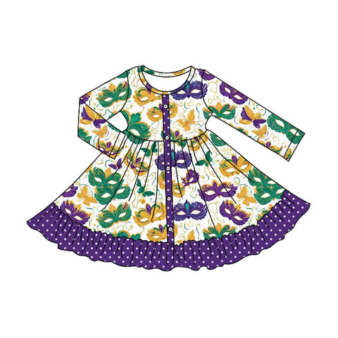 Preorder 09.25 GLD1294 Mardi Gras Mask Purple Dots Girl's Dress