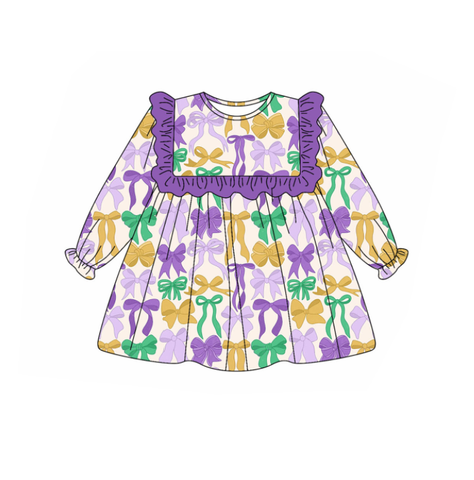 Preorder 09.25 GLD1295 Mardi Gras Bows Purple Girl's Dress