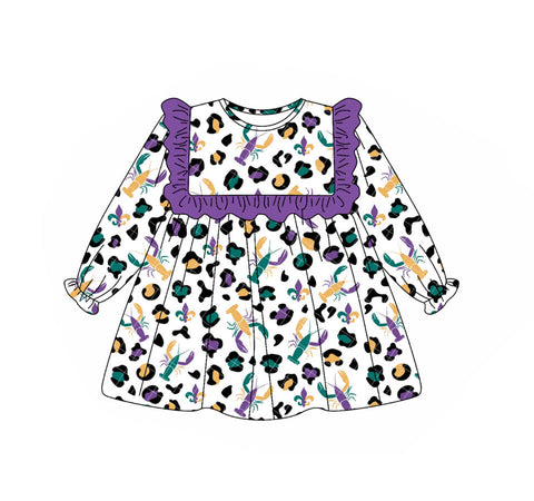 Preorder 10.01 MOQ 5 pcs Mardi Gras Crawfish Leopard Girl's Dress