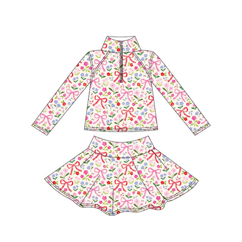 Preorder 10.03 MOQ 5 pcs GLD1309 Bows Flower Yoga Pullover Girls Skorts Set