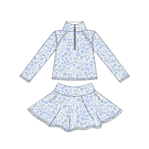 Preorder 10.03 MOQ 5 pcs GLD1310 Flower Blue Yoga Pullover Girls Skorts Set