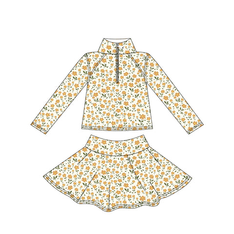 Preorder 10.03 MOQ 5 pcs GLD1312 Flower Yellow Yoga Pullover Girls Skorts Set