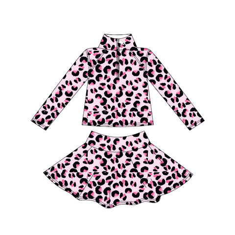 Preorder 10.03 MOQ 5 pcs GLD1313 Leopard Pink Yoga Pullover Girls Skorts Set