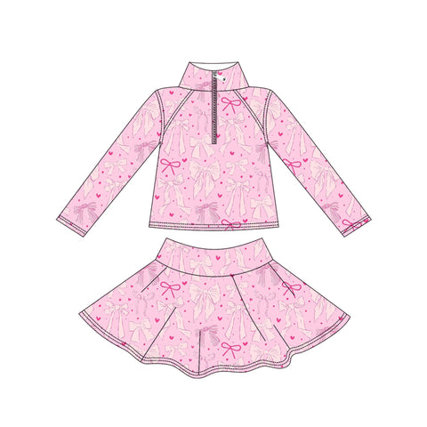 Preorder 10.03 MOQ 5 pcs GLD1314 Coquette Bows Pink Yoga Pullover Girls Skorts Set