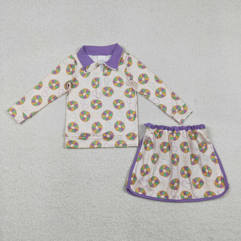 GLD1332 Mardi Gras Donut Pullover Girls Skorts Set