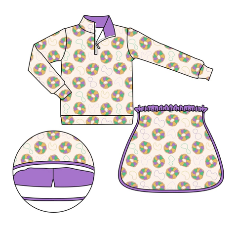 Preorder 10.08 MOQ 5 pcs GLD1332 Mardi Gras Donut Pullover Girls Skorts Set