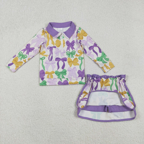 GLD1333 Mardi Gras Bows Pullover Girls Skorts Set