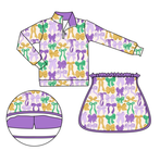 Preorder 10.08 MOQ 5 pcs GLD1333 Mardi Gras Bows Pullover Girls Skorts Set
