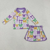 GLD1333 Mardi Gras Bows Pullover Girls Skorts Set