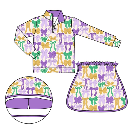 Preorder 10.08 MOQ 5 pcs GLD1333 Mardi Gras Bows Pullover Girls Skorts Set