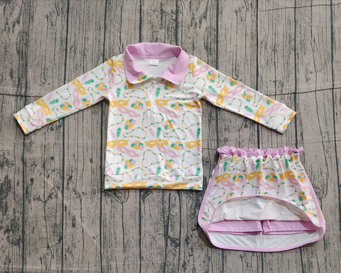 Preorder Samples GLD1334 Mardi Gras Mask Pink Pullover Girls Skorts Set