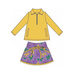 Preorder 10.16 MOQ 5 pcs GLD1353 Mardi Gras Yellow Pullover Girls Skorts Set