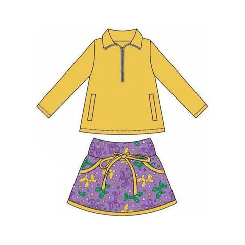 Preorder 10.16 MOQ 5 pcs GLD1353 Mardi Gras Yellow Pullover Girls Skorts Set