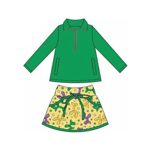 Preorder 10.16 MOQ 5 pcs GLD1354 Mardi Gras Green Pullover Girls Skorts Set