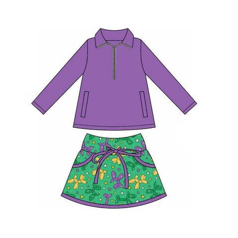 Preorder 10.16 MOQ 5 pcs GLD1355 Mardi Gras Purple Pullover Girls Skorts Set