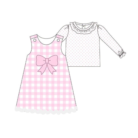 Preorder 10.17 MOQ 5 pcs GLD1357 Bows Pink Dots Plaid Cute Girl's Dress Set