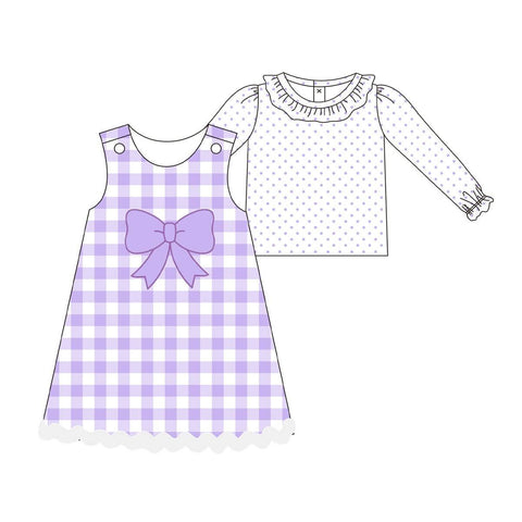 Preorder 10.17 MOQ 5 pcs GLD1358 Bows Purple Dots Plaid Cute Girl's Dress Set