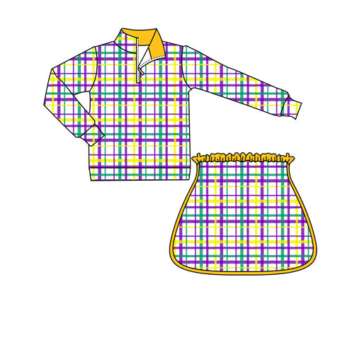 Preorder 10.20 MOQ 5 pcs GLD1361 Mardi Gras Plaid Pullover Yoga Girls Skorts Set