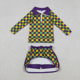 GLD1362 Mardi Gras Plaid Pullover Yoga Girls Skorts Set