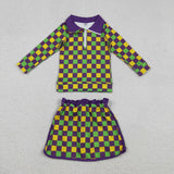 GLD1362 Mardi Gras Plaid Pullover Yoga Girls Skorts Set
