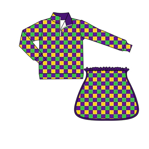 Preorder 10.20 MOQ 5 pcs GLD1362 Mardi Gras Plaid Pullover Yoga Girls Skorts Set