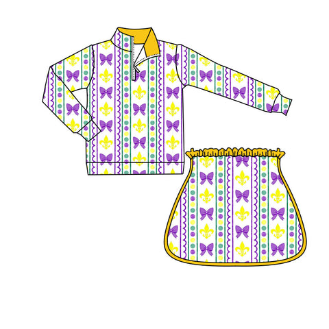 Preorder 10.20 MOQ 5 pcs GLD1363 Mardi Gras Bows Pullover Yoga Girls Skorts Set
