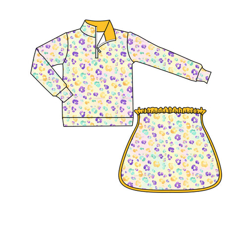 Preorder 10.20 MOQ 5 pcs GLD1365 Mardi Gras Leopard Gold Pullover Yoga Girls Skorts Set