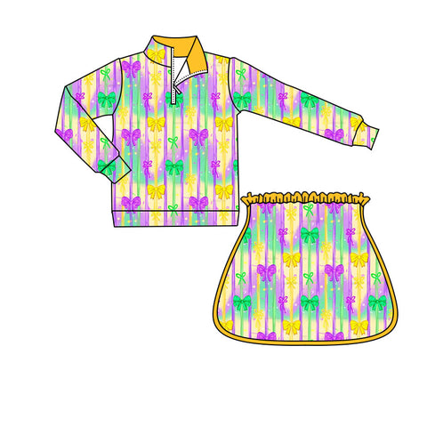 Preorder 10.20 MOQ 5 pcs GLD1366 Mardi Gras Bows Pullover Yoga Girls Skorts Set
