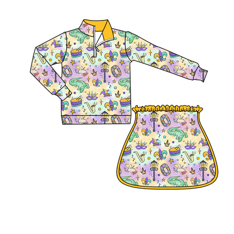 Preorder 10.20 MOQ 5 pcs GLD1367 Mardi Gras Crocodile Pullover Yoga Girls Skorts Set