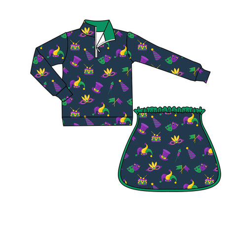 Preorder 10.20 MOQ 5 pcs GLD1369 Mardi Gras Mask Pullover Yoga Girls Skorts Set