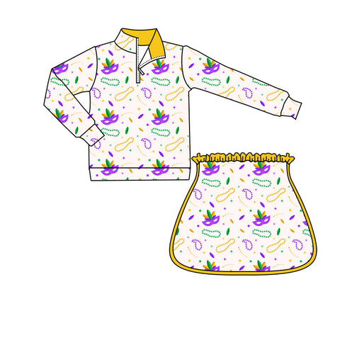 Preorder 10.20 MOQ 5 pcs GLD1370 Mardi Gras Mask Pullover Yoga Girls Skorts Set