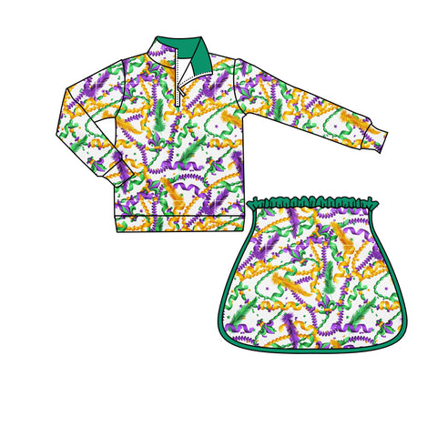 Preorder 10.20 MOQ 5 pcs GLD1371 Mardi Gras Celebrate Pullover Yoga Girls Skorts Set