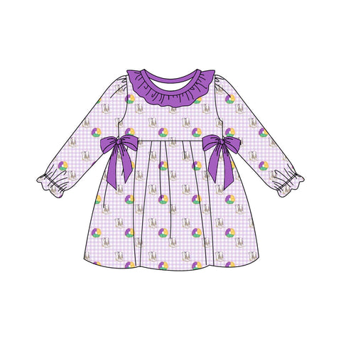 10.10  Pre-order GLD1379 Baby Girls Mardi Gras bow purple floral long sleeve dress