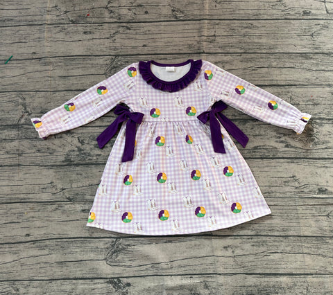 Preorder GLD1379 Samples Baby Girls Mardi Gras bow purple floral long sleeve dress