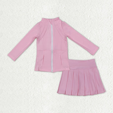 GLD1380 Solid Color Pink Coat Yoga Girls Pleated Skorts Set