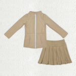 GLD1381 Solid Color Khaki Coat Yoga Girls Pleated Skorts Set