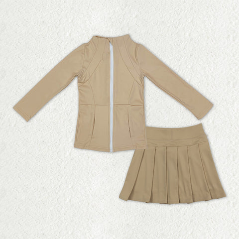 GLD1381 Solid Color Khaki Coat Yoga Girls Pleated Skorts Set