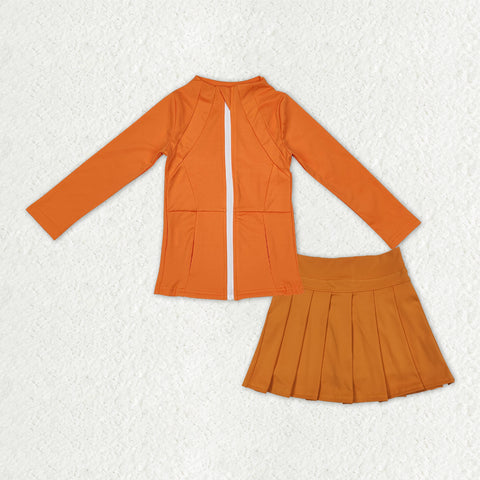 GLD1382 Solid Color Orange Coat Yoga Girls Pleated Skorts Set